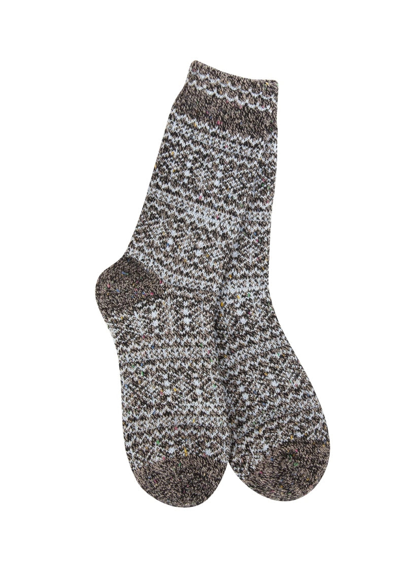 gray knit socks with light blue geometric pattern