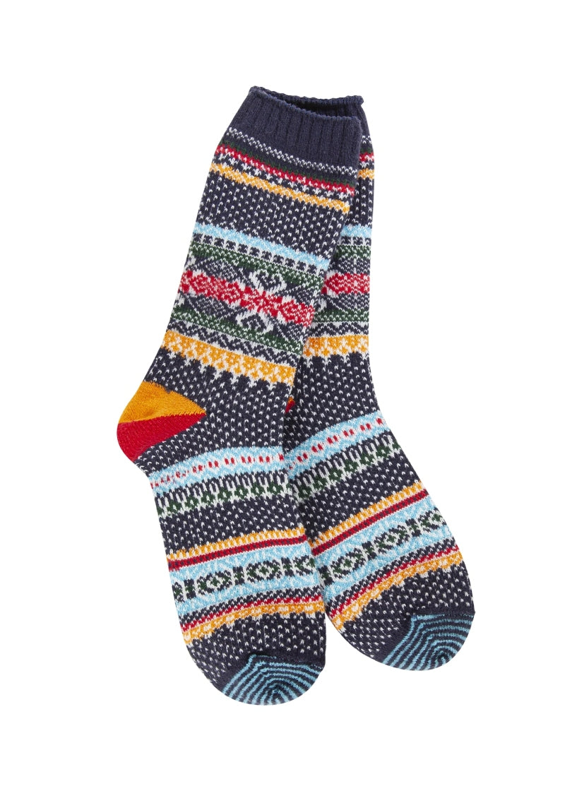 blue, red, and yellow geometric patterned socks