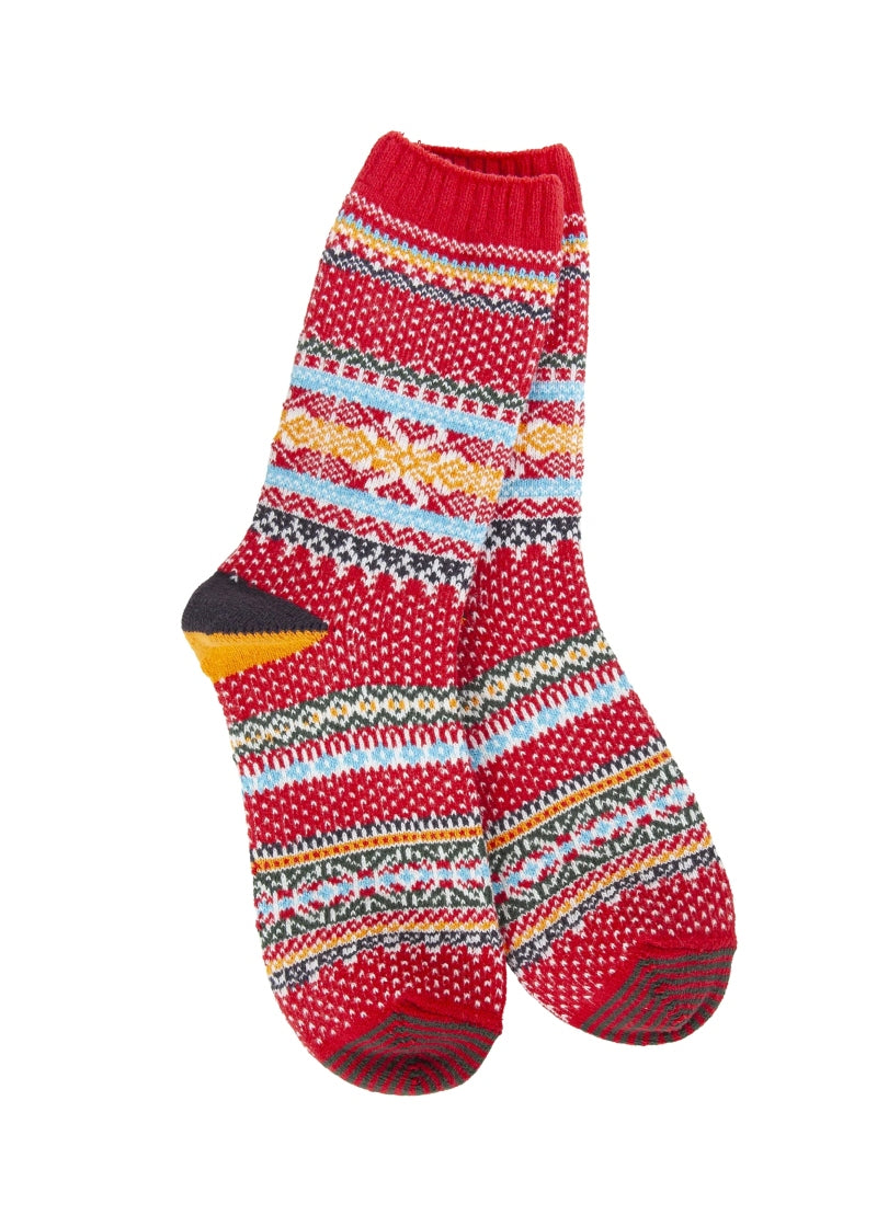 red, blue, and yellow geometric patterned socks