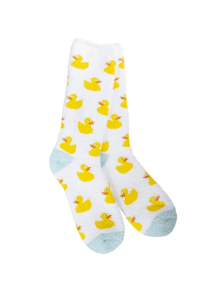 white fuzzy socks with yellow rubber duckie print and light blue accents
