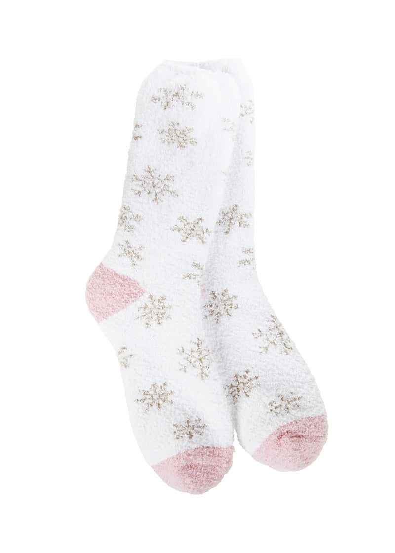 white fuzzy socks with silver snowflake pattern and pink accents