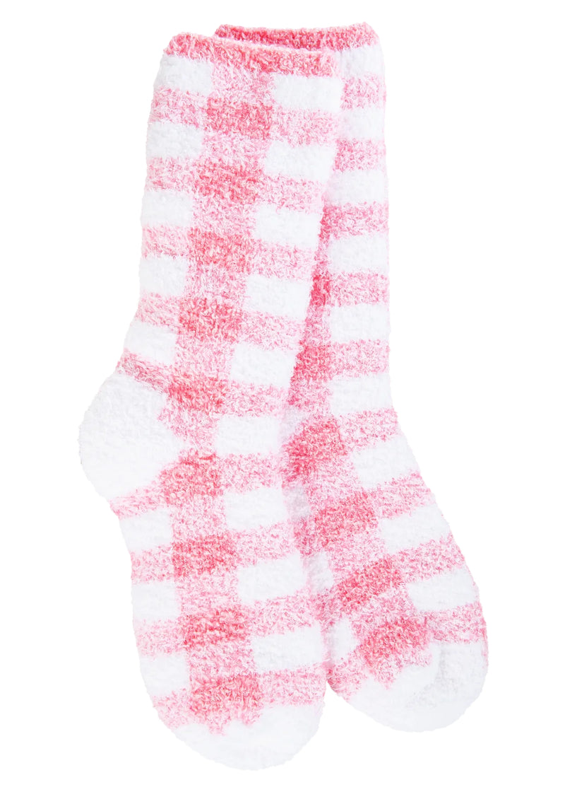 Fuzzy socks in pink and white checkered pattern.