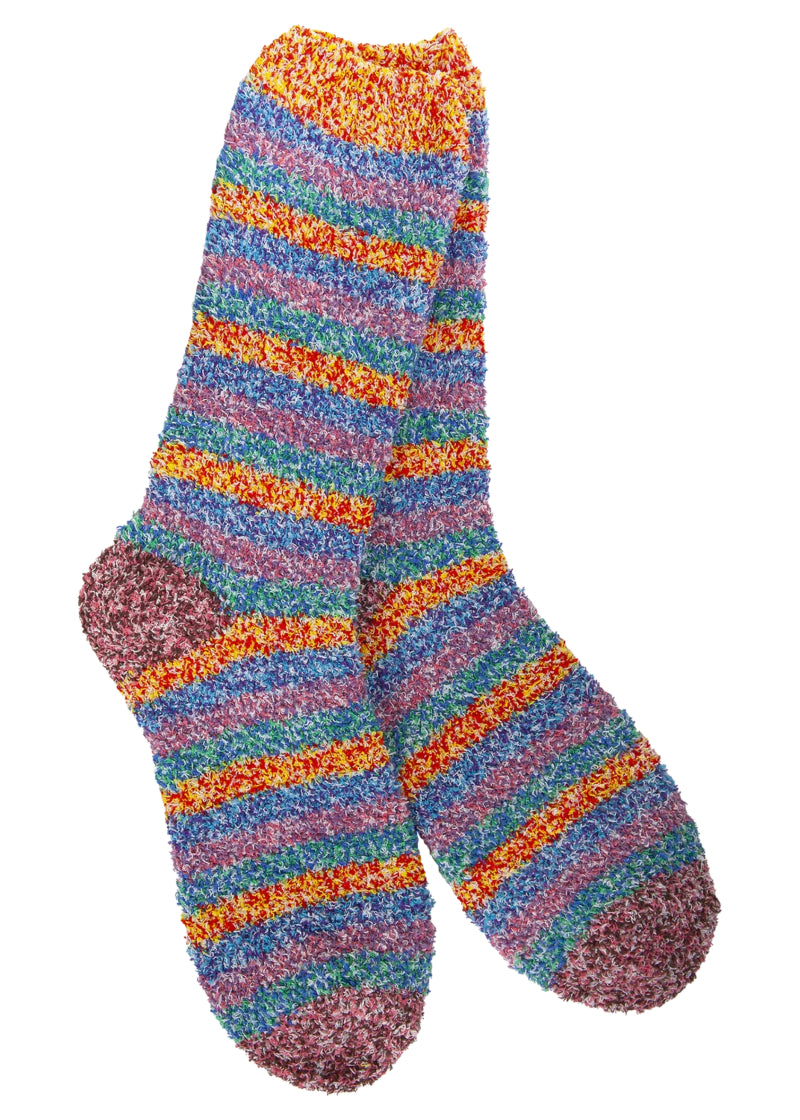 Striped fuzzy socks in orange, blue, purple, and teal horizontal stripes.