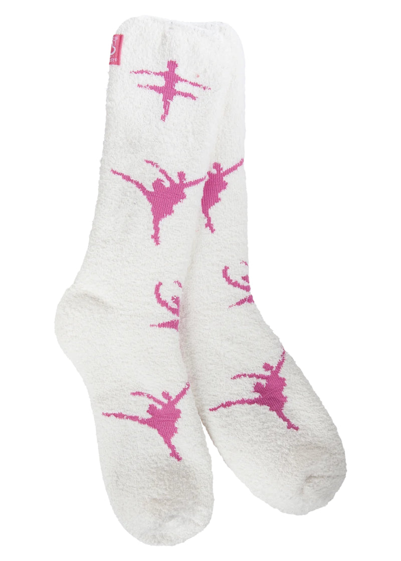 White fuzzy socks with pink ballerinas.