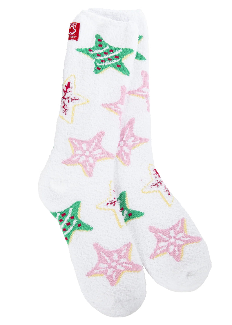 World's Softest Star Cookies Cozy Christmas Crew Socks, super soft fuzzy socks featuring a pattern of green and pink star-shaped cookies on a white background