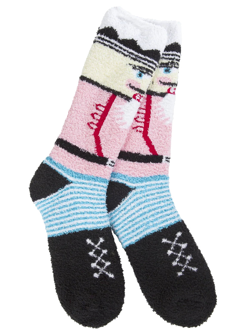 World's Softest Socks Nutcracker Cozy Christmas Crew Socks, featuring a pink/blue/black print of a Nutcracker on super soft fuzzy socks