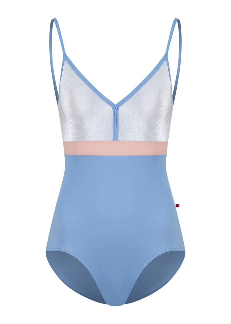 Yumiko women's Zoe camisole leotard in light blue with silver bust and pink waistline.