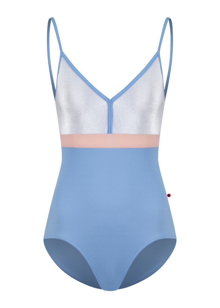 Yumiko women's Zoe camisole leotard in light blue with silver bust and pink waistline.