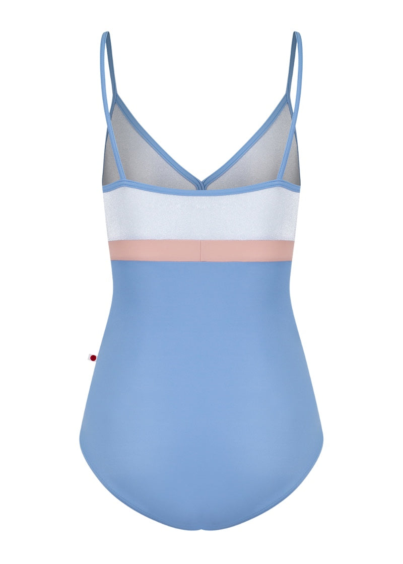 Yumiko women's Zoe camisole leotard in light blue with silver top and pink waistband.