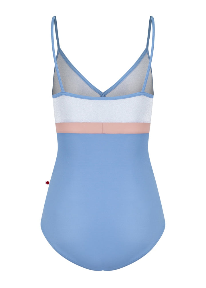 Yumiko women's Zoe camisole leotard in light blue with silver top and pink waistband.