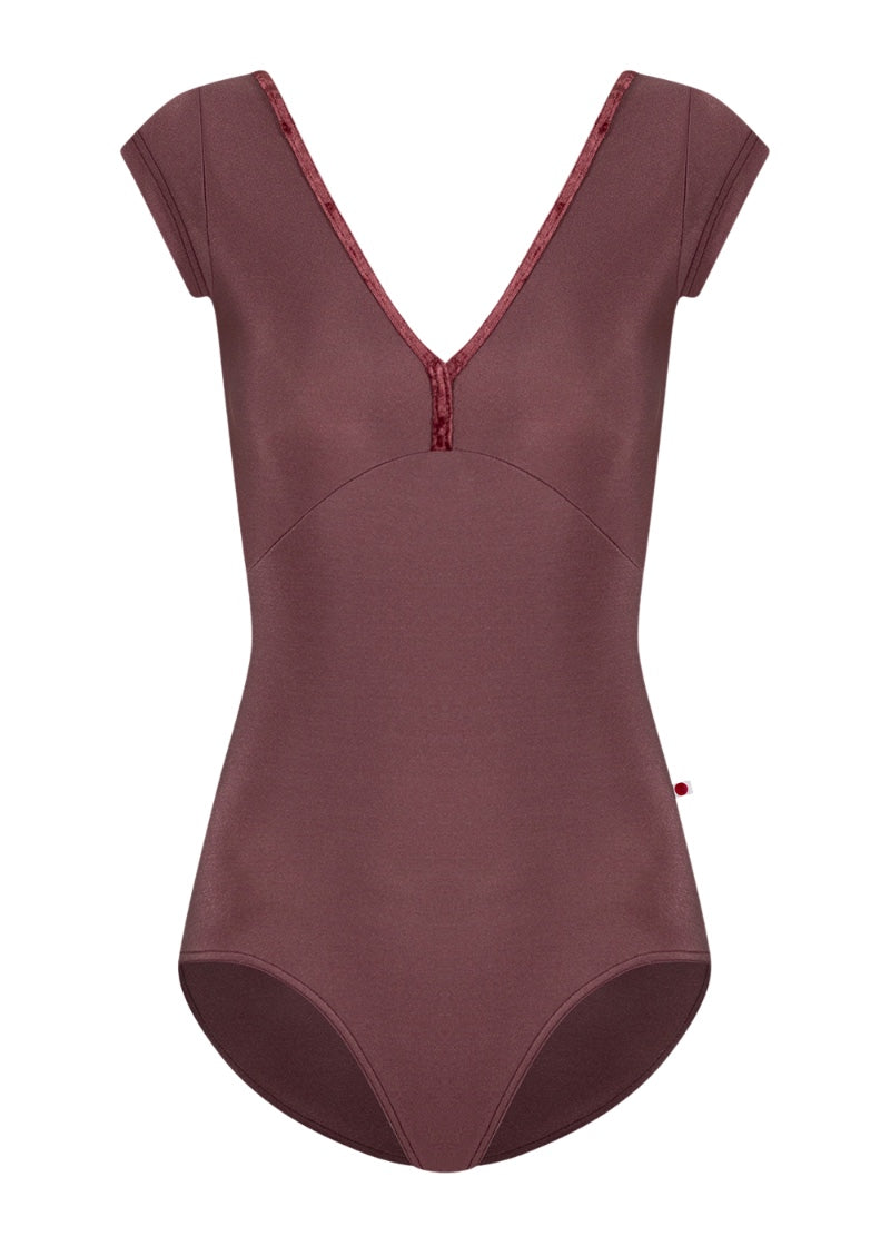 Yumiko women's Alicia cap sleeve leotard in maroon with crushed velvet trim.