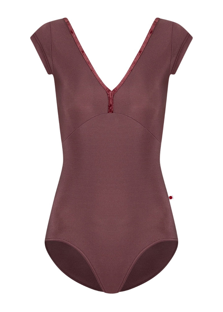 Yumiko women's Alicia cap sleeve leotard in maroon with crushed velvet trim.