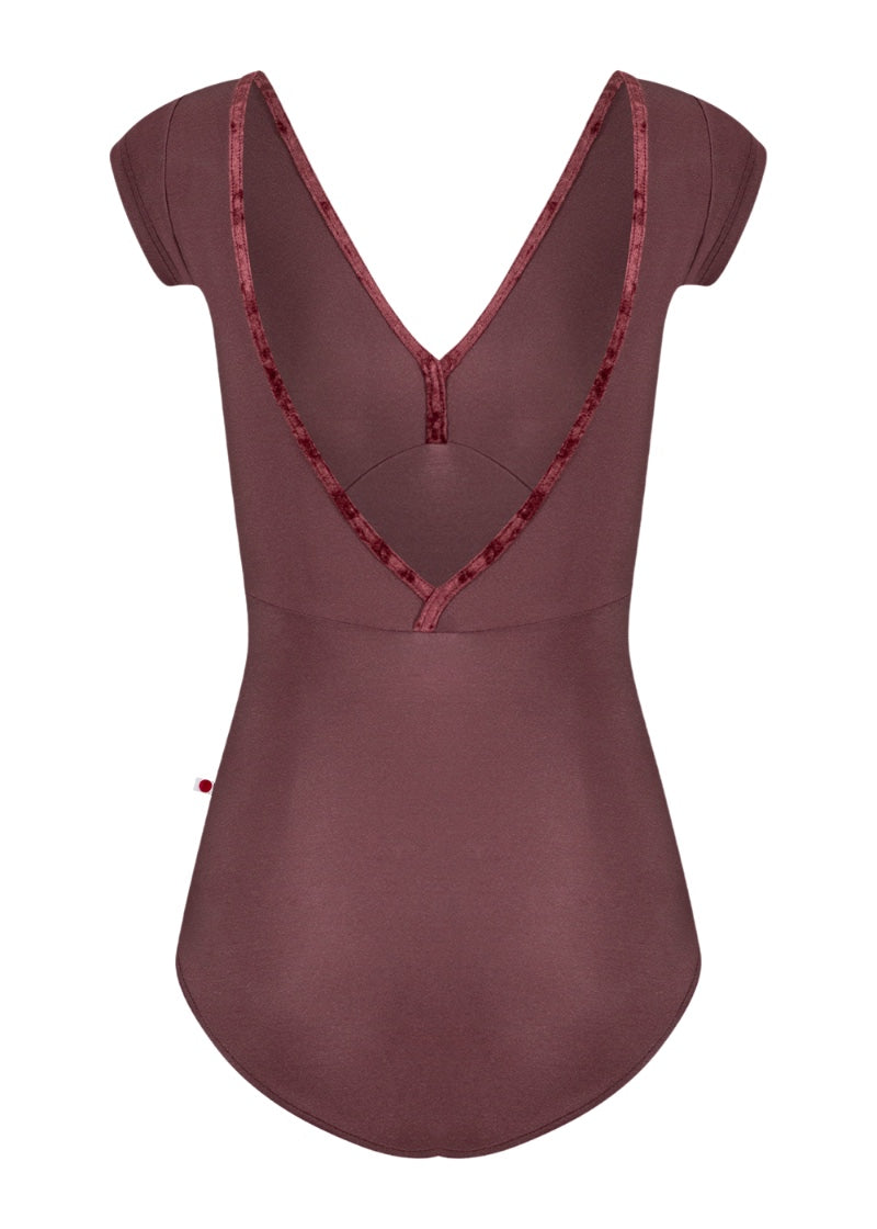 Yumiko women's Alicia cap sleeve leotard in maroon with crushed velvet trim.