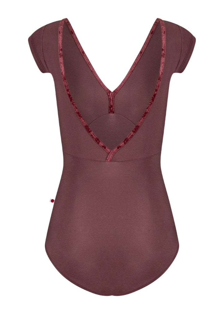 Yumiko women's Alicia cap sleeve leotard in maroon with crushed velvet trim.