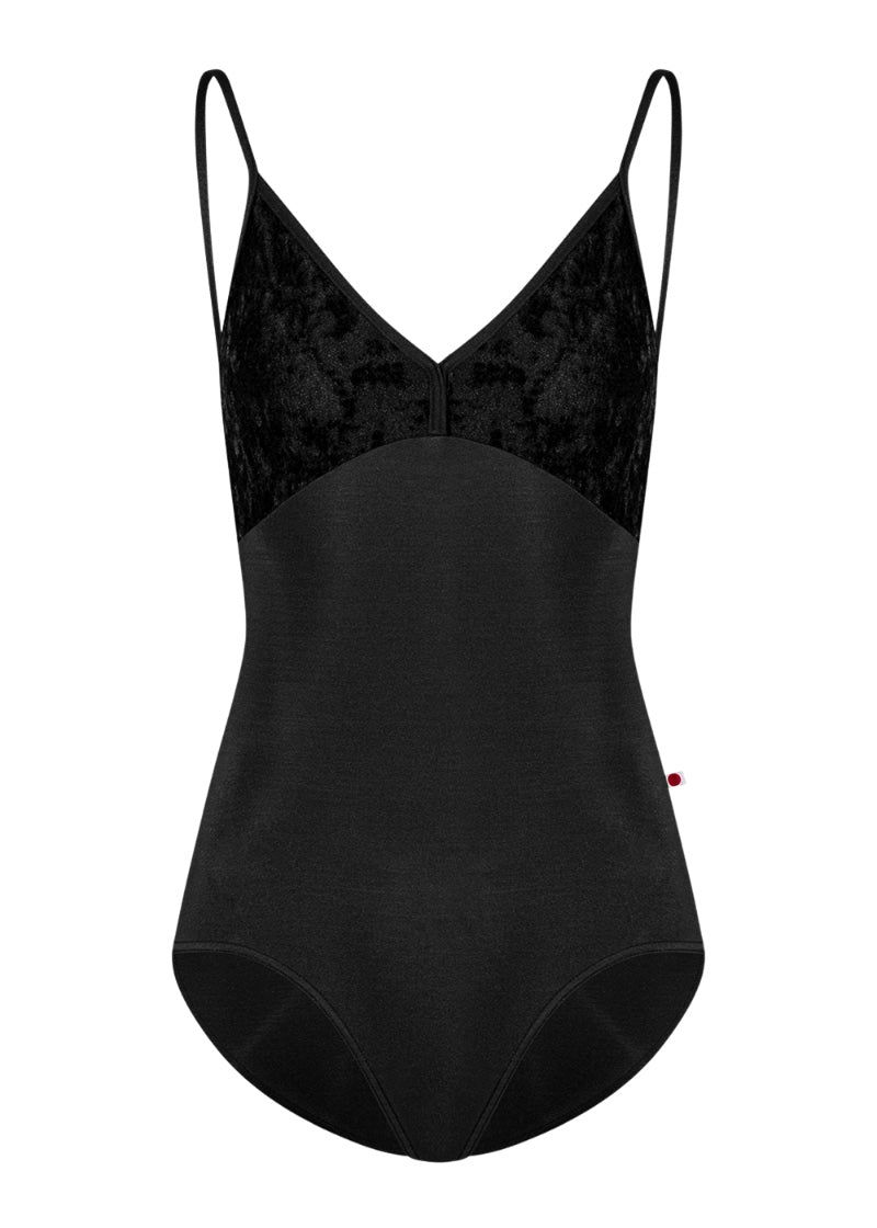 Yumiko women's Daria camisole leotard in black with v-neckline and crushed velvet bust.