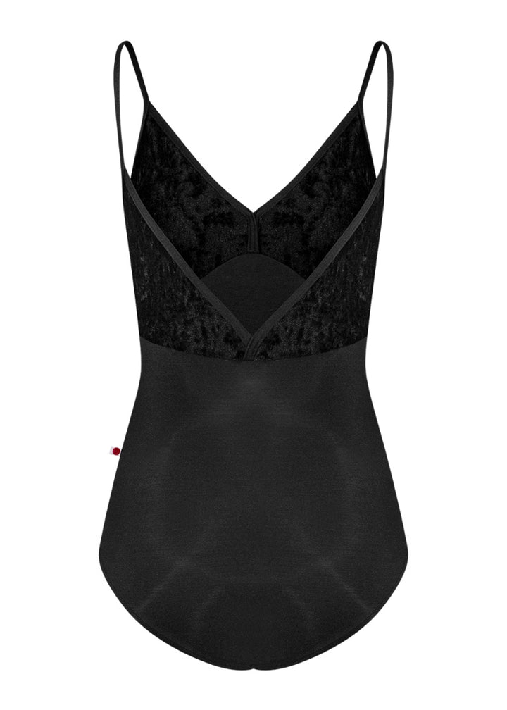Yumiko women's Daria camisole leotard in black with v-back and crushed velvet top.