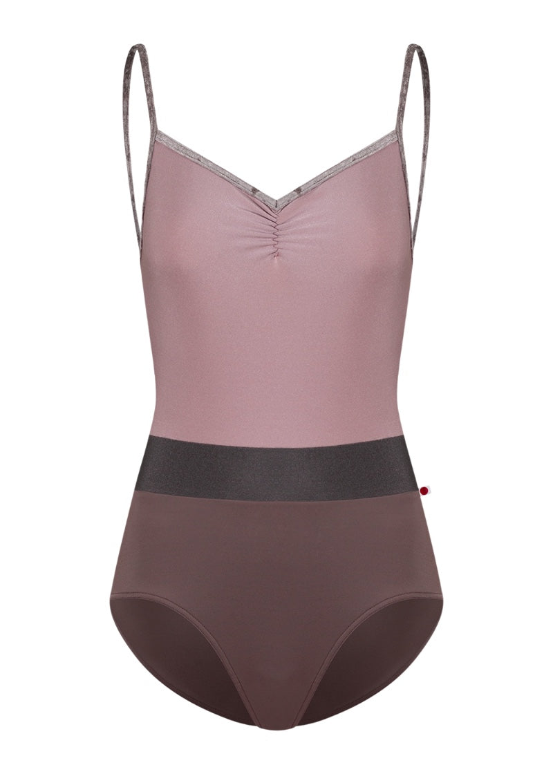 Yumiko women's Micah camisole leotard with pinch front neckline, pink crushed velvet trim and straps, pink bodice, burgundy bottom, and darker burgundy waistband.