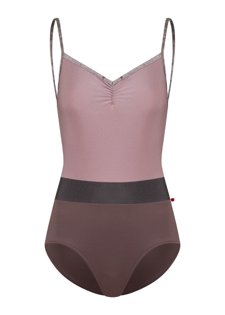 Yumiko women's Micah camisole leotard with pinch front neckline, pink crushed velvet trim and straps, pink bodice, burgundy bottom, and darker burgundy waistband.