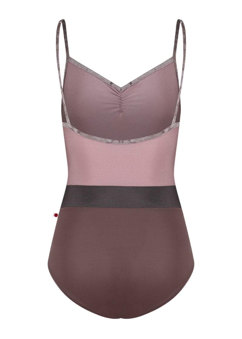 Yumiko women's Micah camisole leotard with pink bodice, pink crushed velvet trim and straps, burgundy bottom, and darker burgundy waistband.