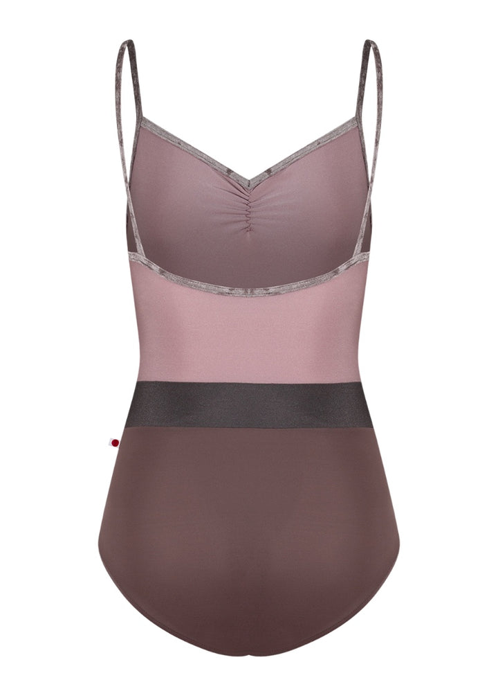 Yumiko women's Micah camisole leotard with pink bodice, pink crushed velvet trim and straps, burgundy bottom, and darker burgundy waistband.
