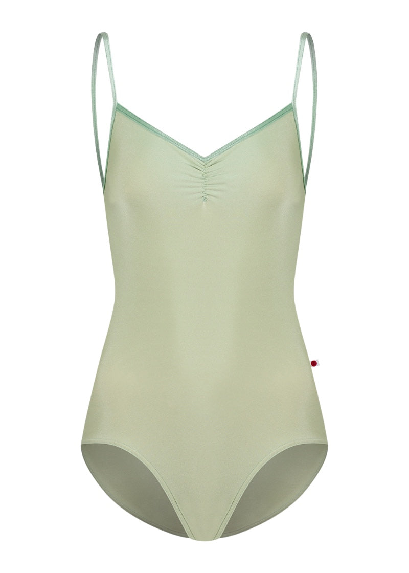 Yumiko women's Kiki camisole leotard in light green with pinch front neckline and green velvet trim and straps.
