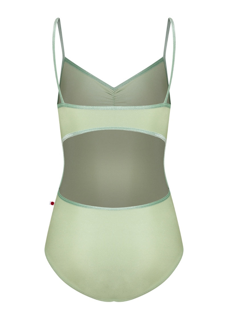 Yumiko women's Kiki camisole leotard in light green with open back and green velvet trim and straps.