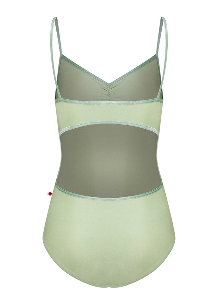 Yumiko women's Kiki camisole leotard in light green with open back and green velvet trim and straps.