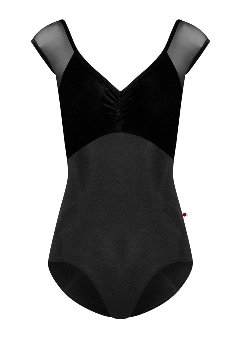 Yumiko women's Elli cap sleeve leotard in black with velvet bust, pinch front neckline, and mesh sleeves.