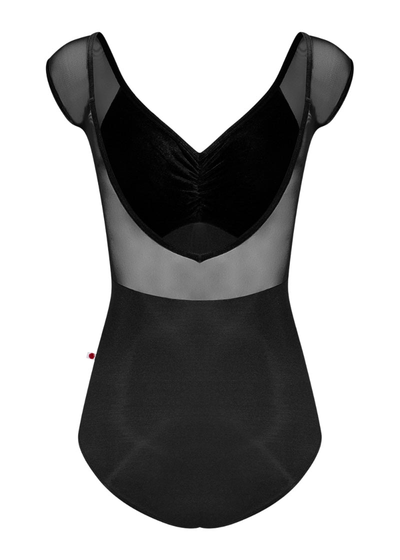 Yumiko women's Elli cap sleeve leotard in black with mesh back and sleeves.