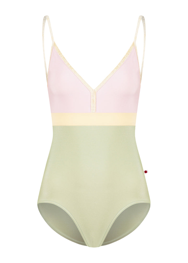 Yumiko women's Zoe camisole leotard with light green bottom, light pink bust, and yellow trim, straps, and waistband.