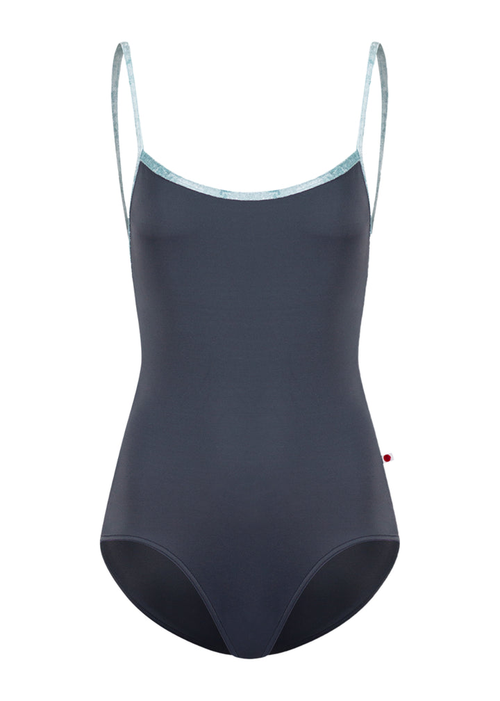 Yumiko women's Heather camisole leotard in dark gray with light blue crushed velvet trim and straps.