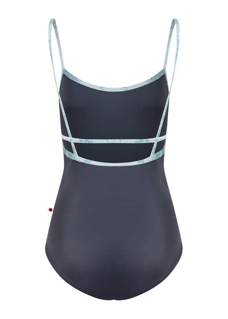 Yumiko women's Heather camisole leotard in dark gray with light blue crushed velvet trim and straps over an open back.