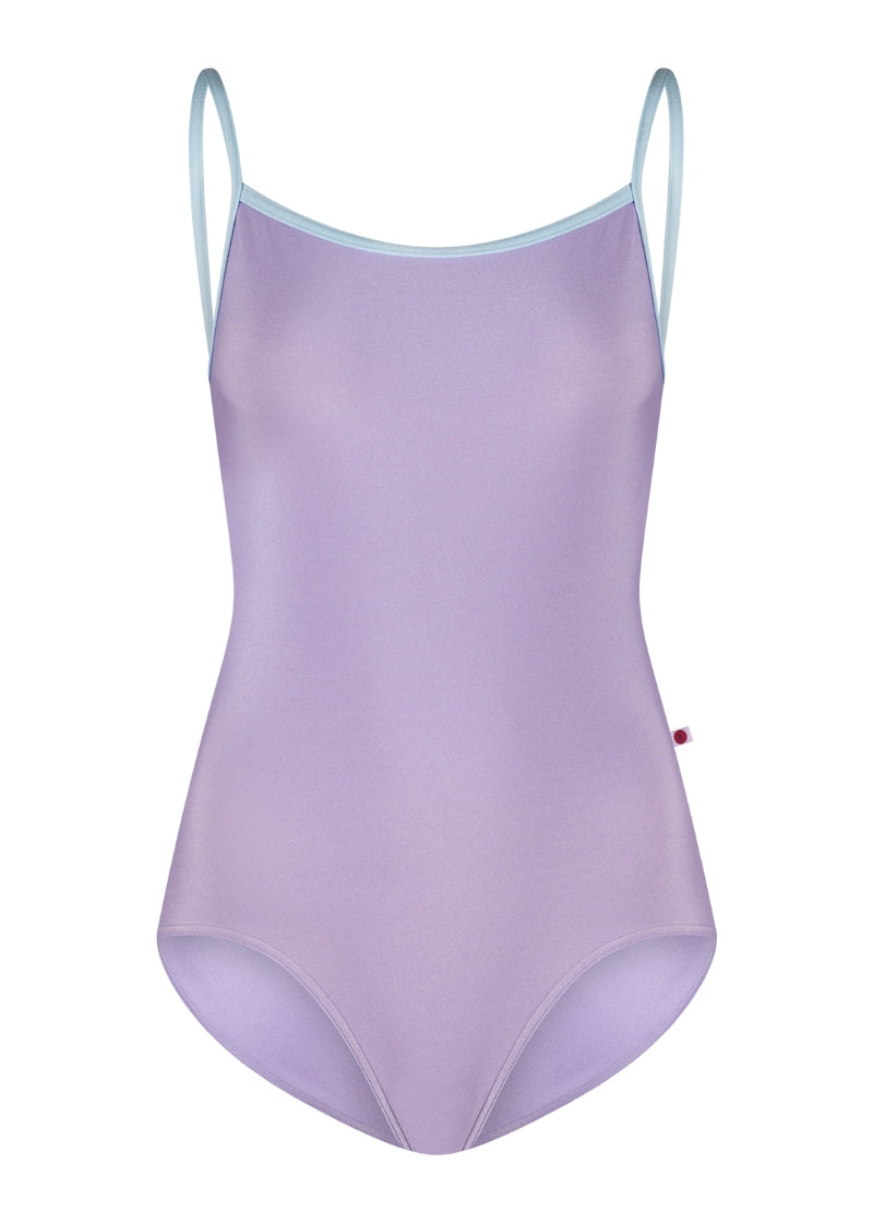 Yumiko Daniela camisole leotard in Poem (light purple) with trim and straps in Serenade (light blue)