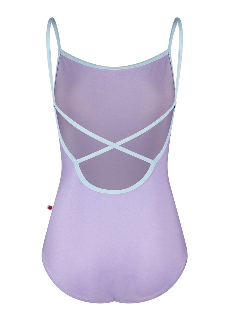 Yumiko Daniela camisole leotard in Poem (light purple) with trim and straps in Serenade (light blue)
