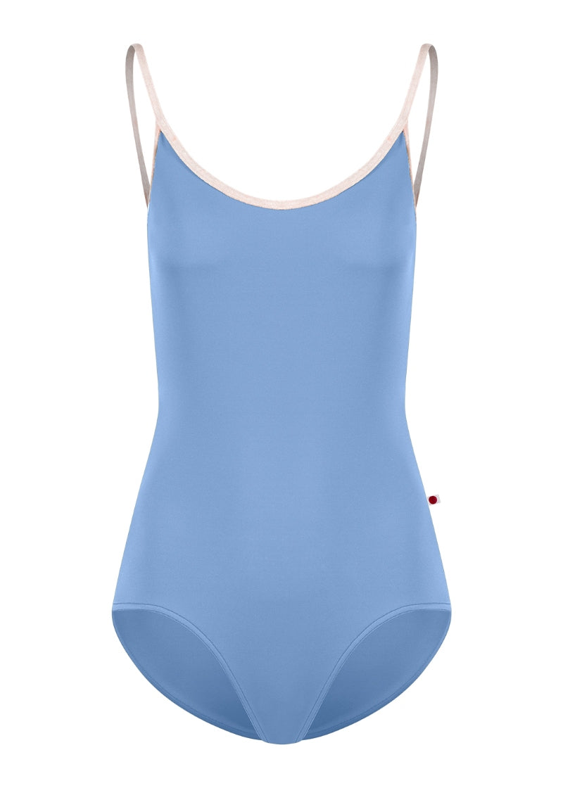 Yumiko Fiona camisole leotard in Paradise (light blue) with trim and straps in Misty Rose (pale pink)