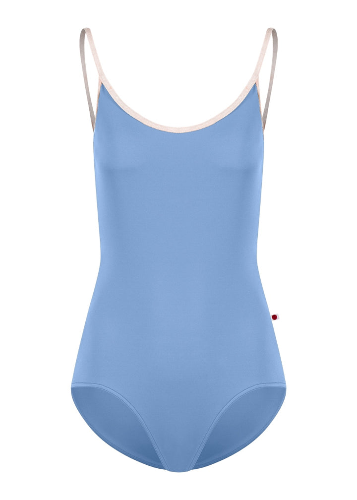 Yumiko Fiona camisole leotard in Paradise (light blue) with trim and straps in Misty Rose (pale pink)