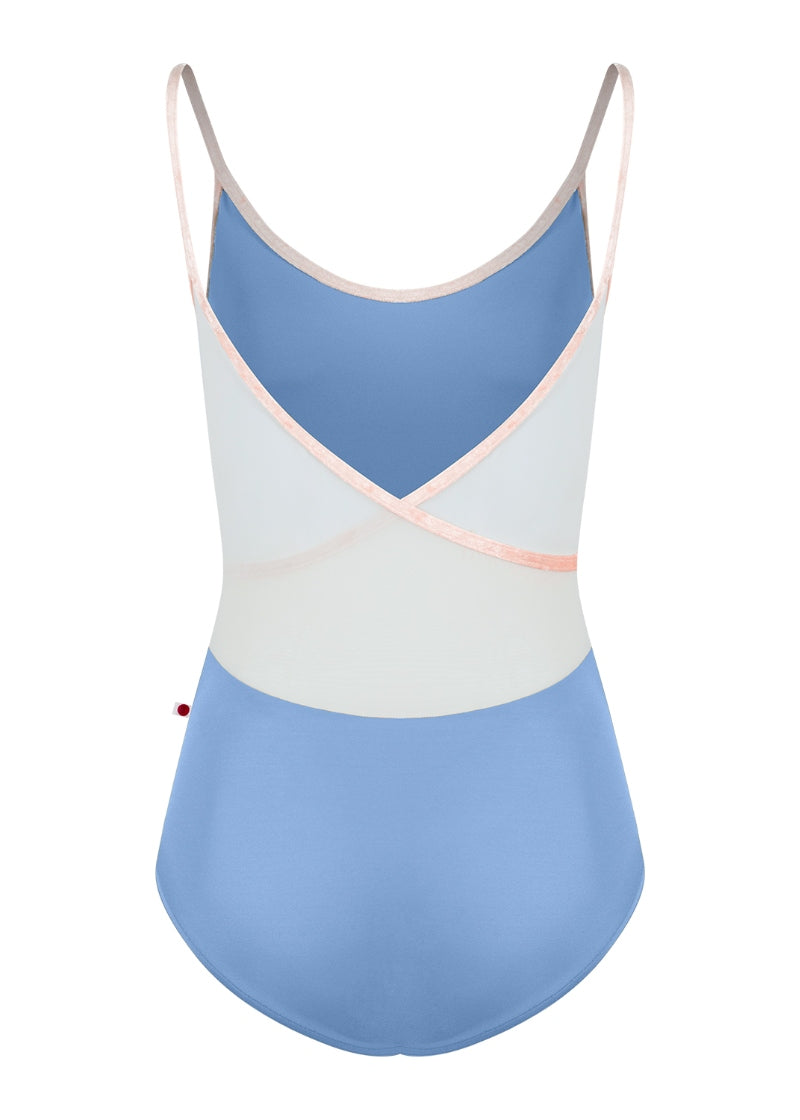 Yumiko Fiona camisole leotard in Paradise (light blue) with trim and straps in Misty Rose (pale pink) and mesh back panels