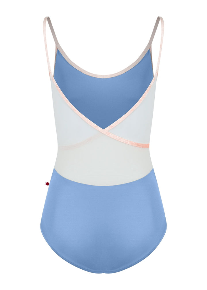 Yumiko Fiona camisole leotard in Paradise (light blue) with trim and straps in Misty Rose (pale pink) and mesh back panels