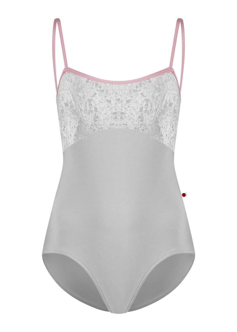 Yumiko Denise camisole leotard in Silver with crush velvet bodice and trim and straps in Magic (dusty pink)