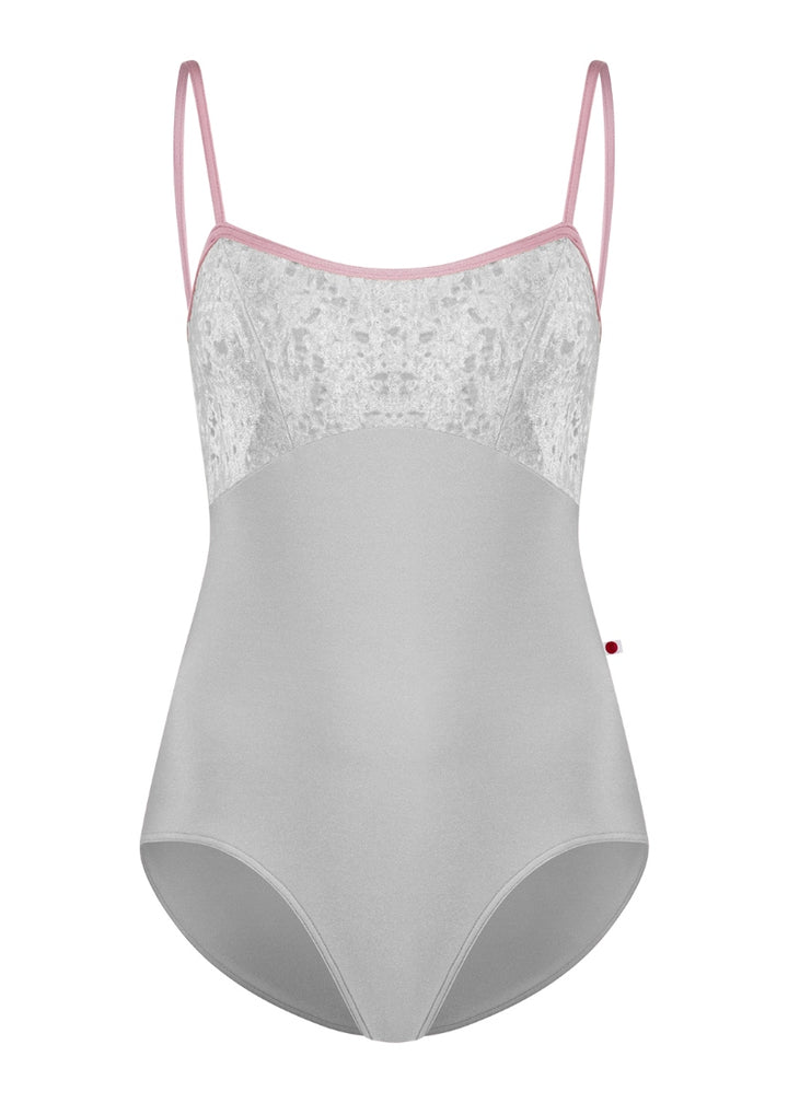 Yumiko Denise camisole leotard in Silver with crush velvet bodice and trim and straps in Magic (dusty pink)