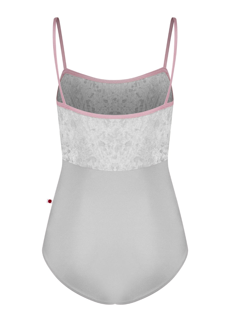 Yumiko Denise camisole leotard in Silver with crush velvet bodice and trim and straps in Magic (dusty pink)