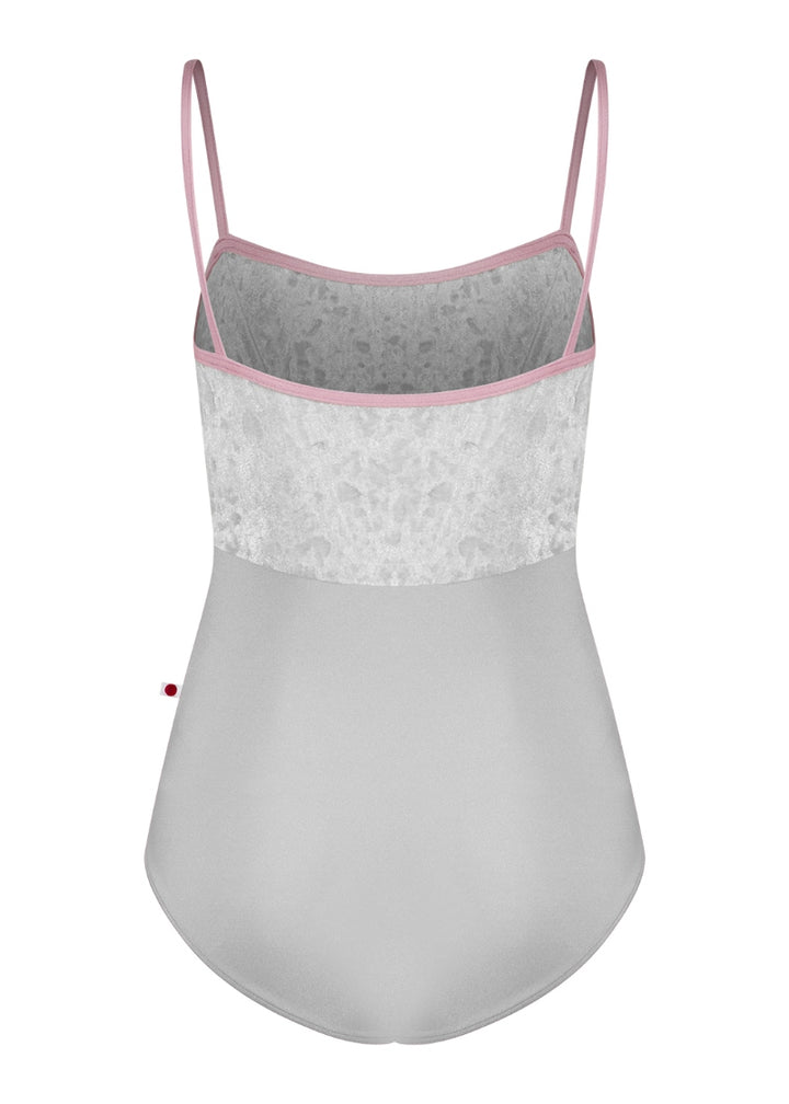 Yumiko Denise camisole leotard in Silver with crush velvet bodice and trim and straps in Magic (dusty pink)