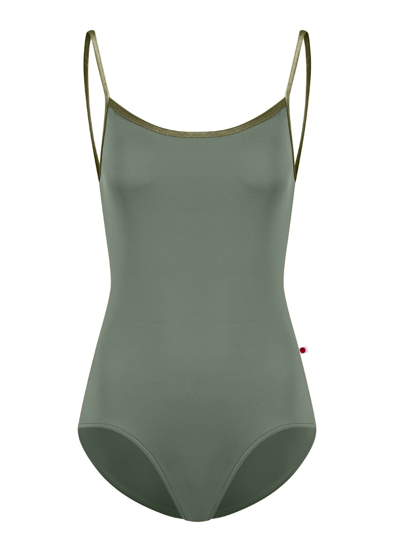 Yumiko Kiki camisole leotard in Sage with trim and straps in Safari (crushed velvet green)