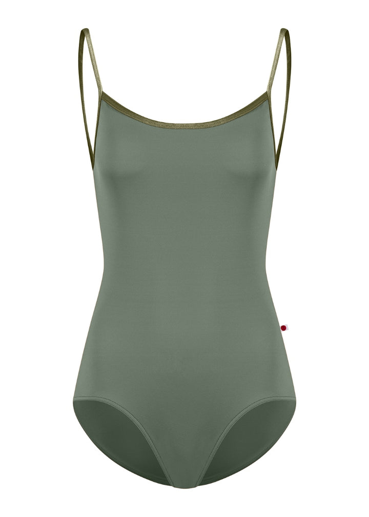 Yumiko Kiki camisole leotard in Sage with trim and straps in Safari (crushed velvet green)