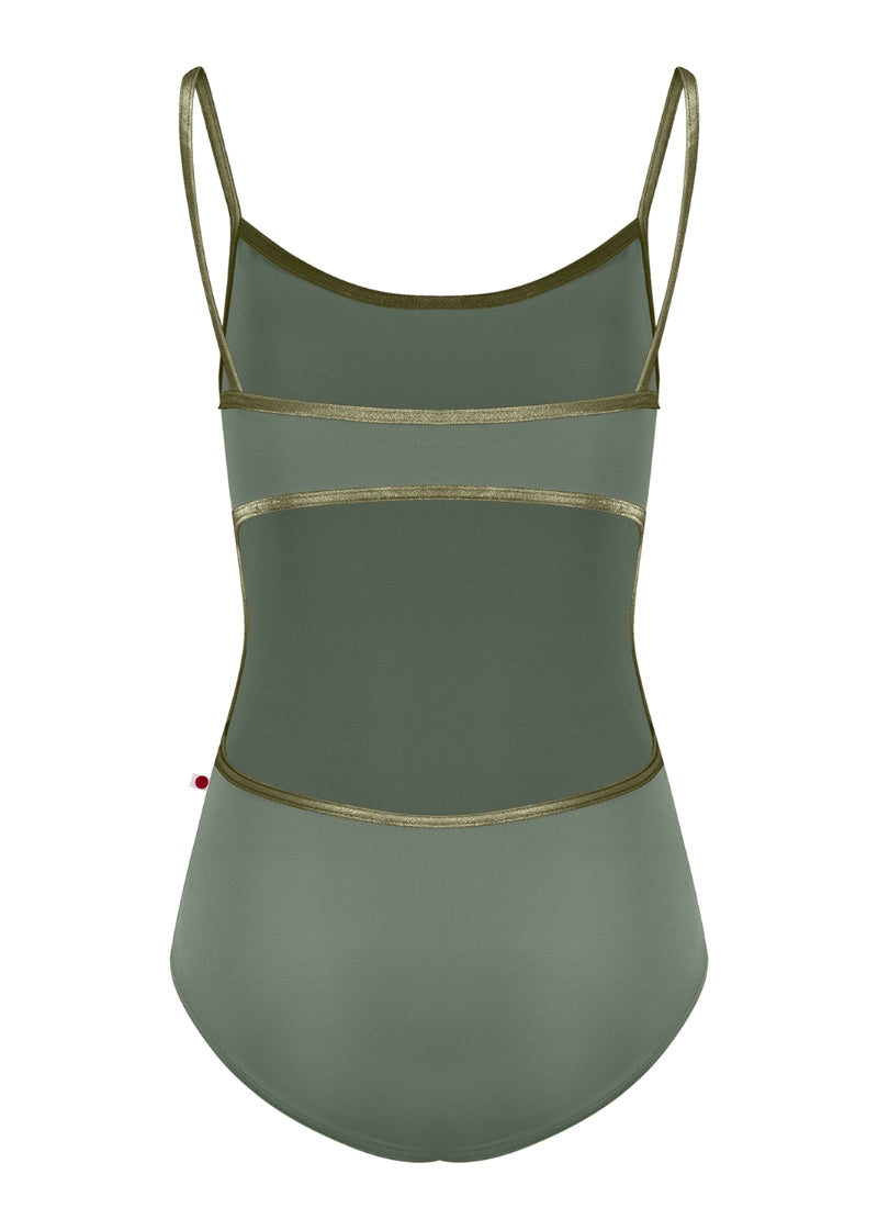 Yumiko Kiki camisole leotard in Sage with trim and straps in Safari (crushed velvet green)