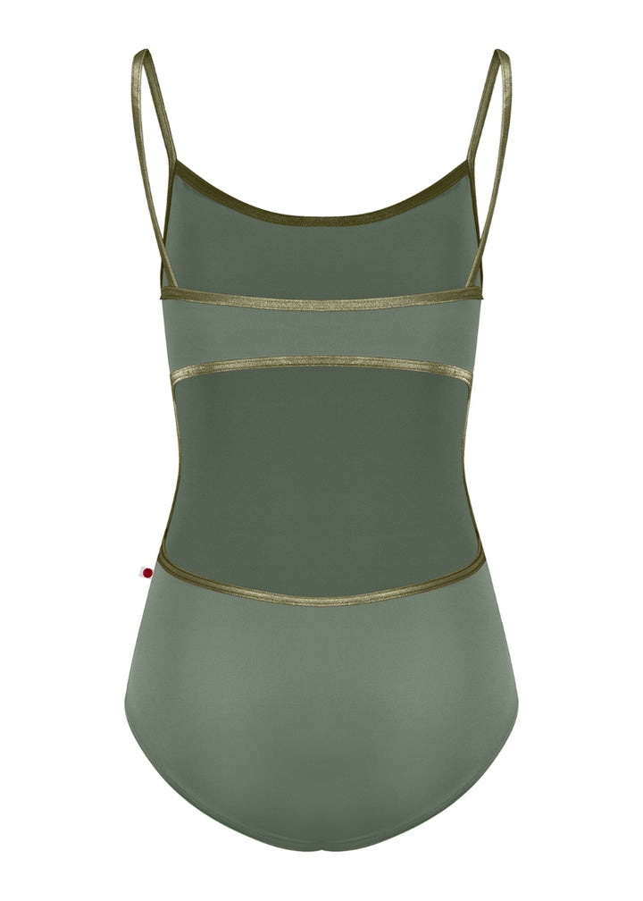 Yumiko Kiki camisole leotard in Sage with trim and straps in Safari (crushed velvet green)