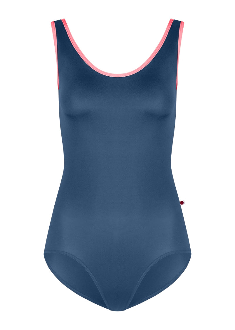 Yumiko Veronique tank leotard in Storm (deep blue) with trim and straps in May (bright pink)