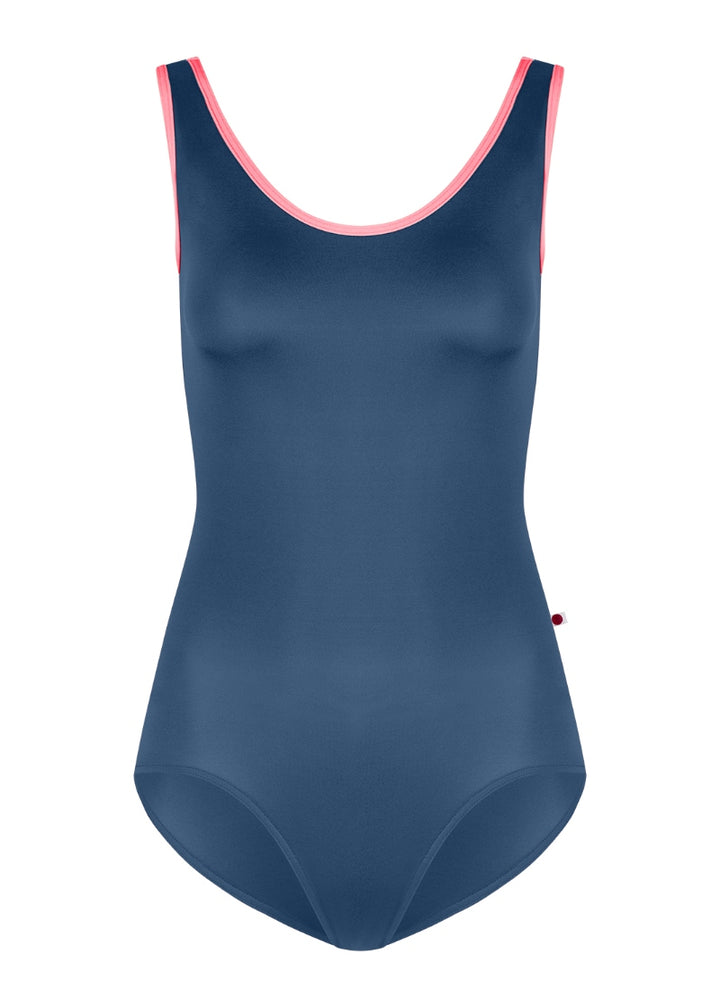 Yumiko Veronique tank leotard in Storm (deep blue) with trim and straps in May (bright pink)