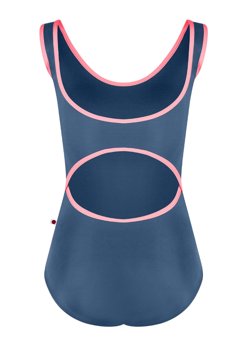 Yumiko Veronique tank leotard in Storm (deep blue) with trim and straps in May (bright pink)