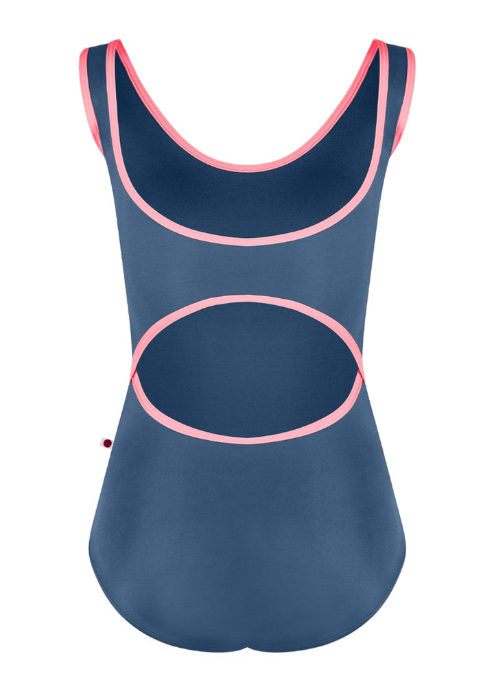 Yumiko Veronique tank leotard in Storm (deep blue) with trim and straps in May (bright pink)